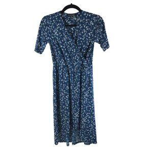 41 Hawthorn Blue Floral Faux Wrap Dress Mesh Hi Lo Hem Size XS Petite